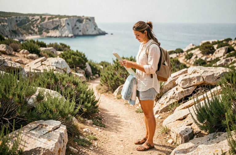 Femme consultant une carte sur le sentier côtier menant à la plage des Trois Pointes, avec une crique turquoise visible en arrière-plan