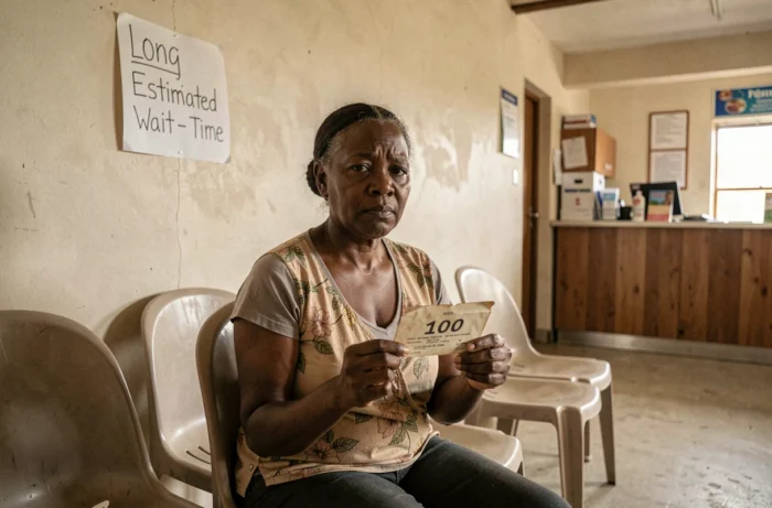 Une femme attendant seule dans la salle d'attente d'un dispensaire rural, symbolisant les inégalités d'accès aux soins de santé