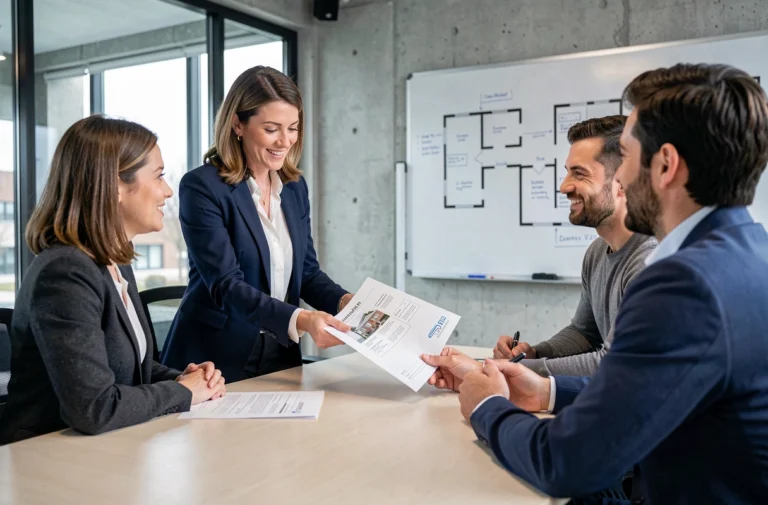 Agent immobilière présentant des documents à un couple lors d'une consultation dans une agence immobilière moderne