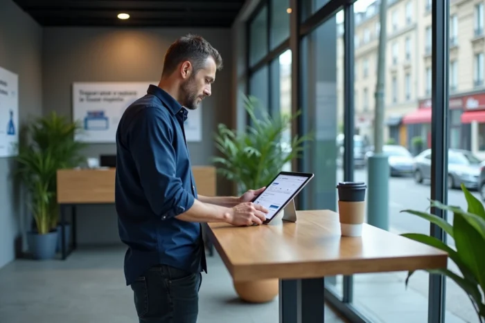 Agent administratif parisien consultant un service en ligne IntraParis sur une tablette dans un espace d'accueil public