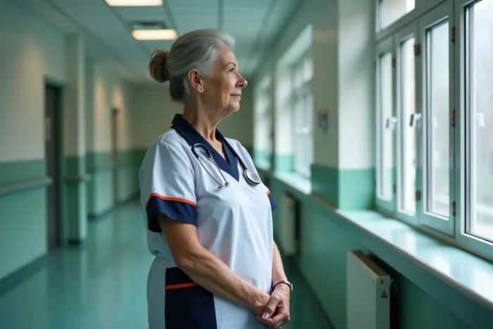Aide-soignante en fin de carrière dans un couloir d'hôpital public français, regard pensif vers la retraite