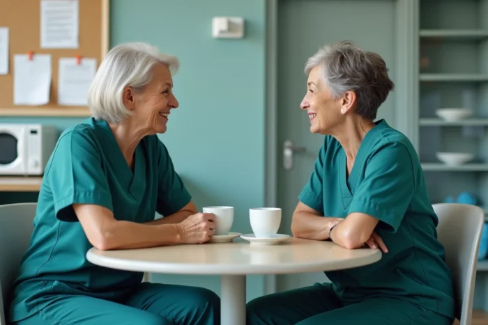 Deux aides-soignantes discutant de la retraite dans la salle de pause d'un hôpital français