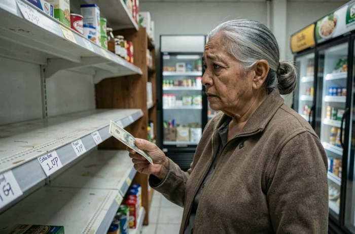 Une femme âgée devant un rayon presque vide dans un petit commerce alimentaire, illustrant l'insécurité alimentaire et les enjeux nutritionnels