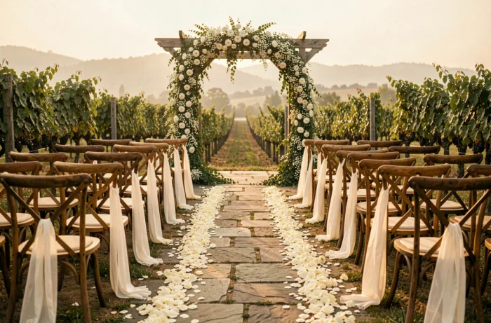 Allée de cérémonie de mariage en plein air dans un vignoble avec chaises en bois, chiffon ivoire et arche fleurie de jasmin