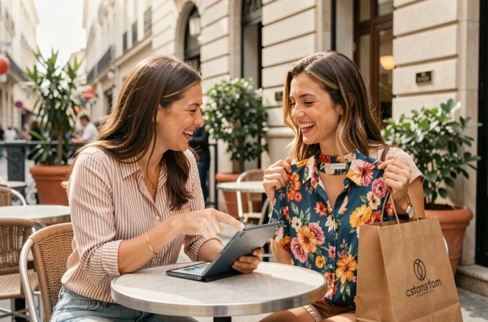 Deux amies découvrant des vêtements abordables commandés en ligne autour d'un café en terrasse urbaine