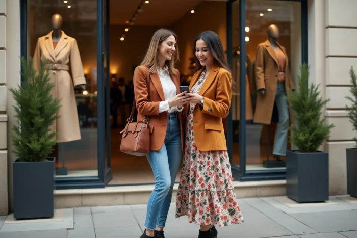 Deux amies découvrant les dernières tendances mode devant la vitrine d'une boutique branchée en ville