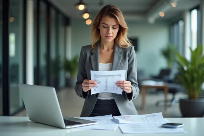 Femme d'affaires analysant un document financier sur l'amortissement d'équipements de sécurité dans un bureau moderne