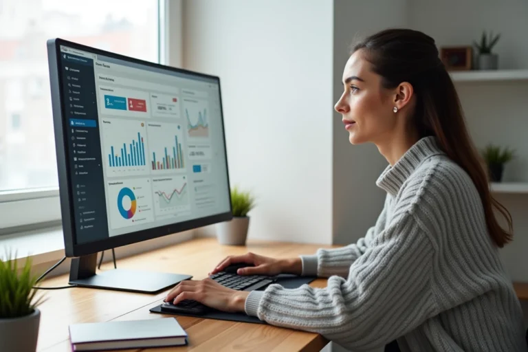 Femme analysant des données de référencement SEO sur un écran d'ordinateur dans un bureau moderne