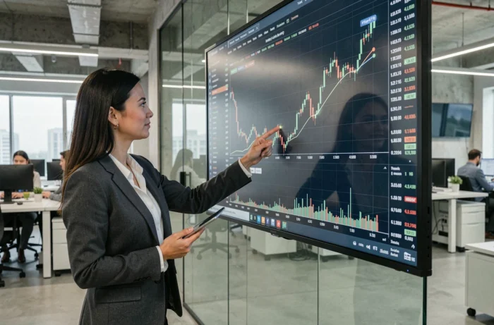Analyste financière pointant une courbe boursière en hausse sur un écran numérique dans un bureau moderne