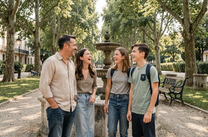 Anthony Favalli en famille dans un parc français avec sa femme et ses enfants adolescents partageant un moment de complicité