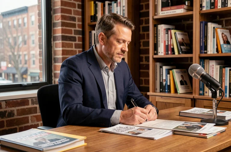 Portrait d'Anthony Favalli journaliste assis à son bureau avec des notes et un microphone vintage dans son bureau à domicile