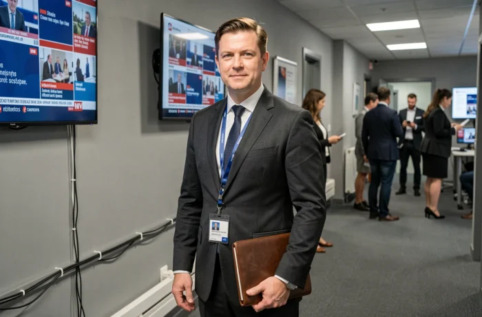 Anthony Favalli en costume dans le couloir d'un studio de télévision ou de radio tenant un carnet de presse professionnel