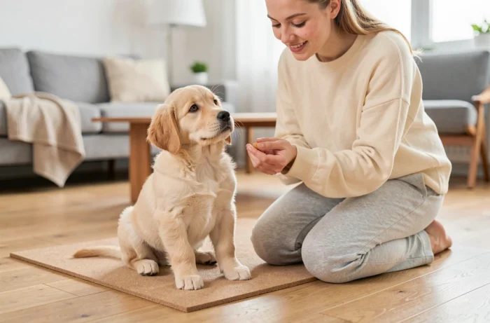 Jeune femme apprenant la propreté à un chiot golden retriever de 2 mois avec une récompense sur un tapis d'entraînement