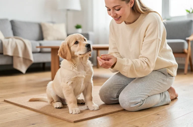 Jeune femme apprenant la propreté à un chiot golden retriever de 2 mois avec une récompense sur un tapis d'entraînement