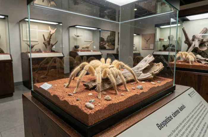 Araignée couteau de Djibouti exposée dans un terrarium de musée d'histoire naturelle avec plaque descriptive