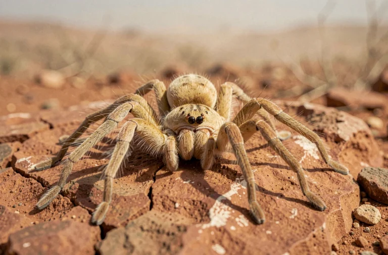 Araignée couteau de Djibouti posée sur une roche rouge fissurée dans un paysage aride
