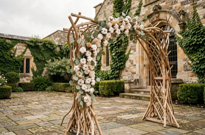 Arche de mariage bohème en bois naturel ornée d'eucalyptus séché et de fleurs de coton, décor tendance 2022 en extérieur