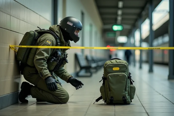 Artificier en tenue de déminage examinant un bagage suspect dans une gare française