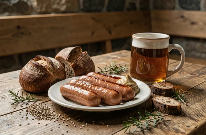 Assiette de saucisses de Francfort authentiques avec moutarde et pain de seigle servis dans une taverne allemande traditionnelle