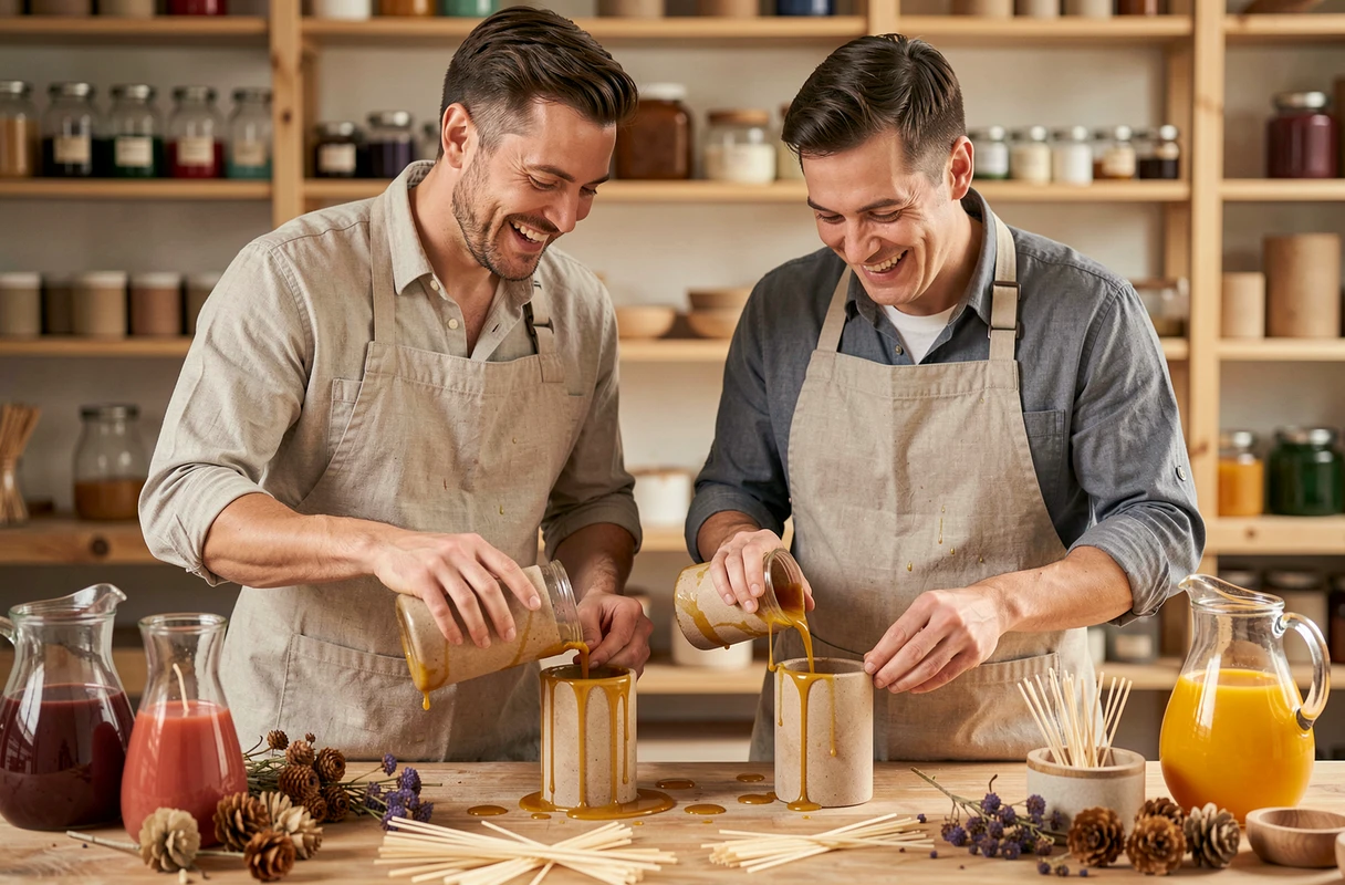 Un couple versant de la cire fondue dans des moules lors d'un atelier de fabrication de bougies en duo