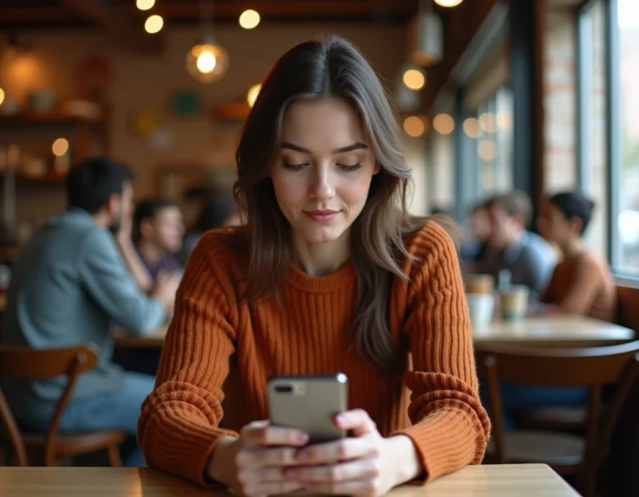Jeune femme entrant un code d'authentification sur smartphone dans un café urbain