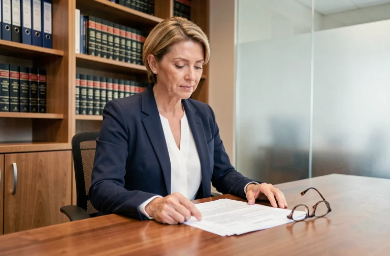 Avocate en droit du travail examinant des documents relatifs aux avantages individuels acquis dans un bureau juridique