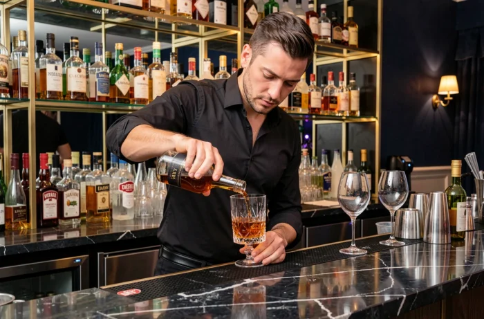 Barman professionnel préparant un cocktail derrière le comptoir en marbre d'un club huppé à Aix-en-Provence