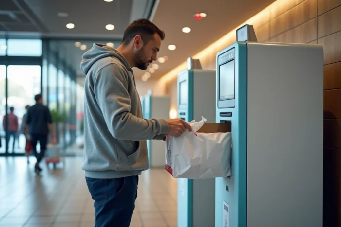 Un homme utilise une borne de dépôt automatique Chronopost à l'entrée d'un supermarché
