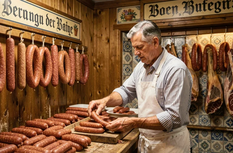 Boucher allemand arrangeant des saucisses de Francfort traditionnelles dans une boucherie artisanale vintage avec décor en bois ancien