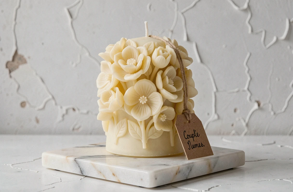 Bougie sculptée en cire végétale représentant un arrangement floral délicat avec étiquette personnalisée