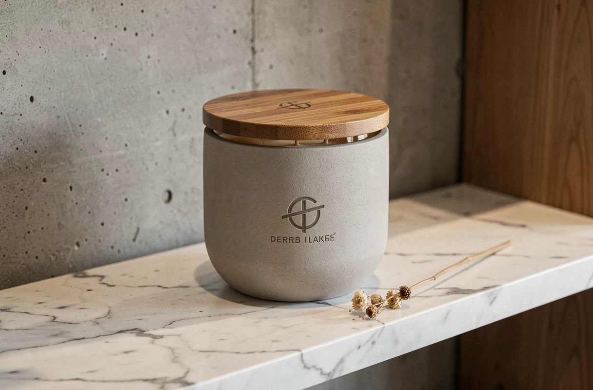 Bougie parfumée artisanale haut de gamme dans un contenant en céramique mate, présentée en boutique