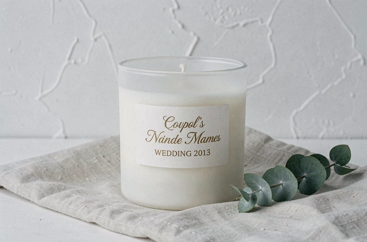 Bougie personnalisée gravée avec la date de mariage et les prénoms du couple sur fond blanc épuré