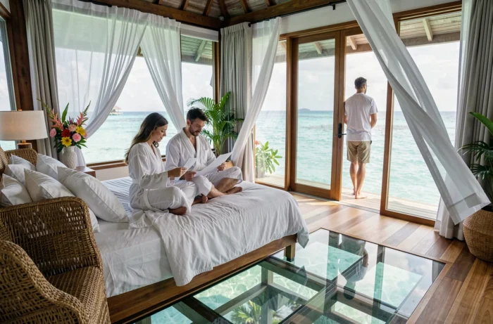 Couple de mariés se détendant dans un bungalow sur pilotis aux Maldives lors de leur lune de miel