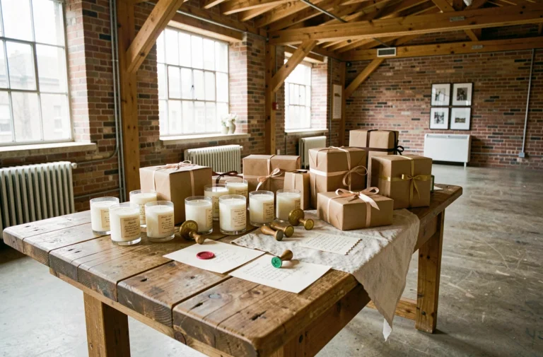 Table décorée avec une sélection de cadeaux de mariage en cire artisanaux, incluant bougies, sceaux et lettres cachetées