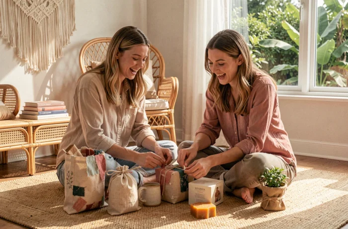 Deux femmes déballant des cadeaux artisanaux et éco-responsables dans un salon cosy décoré de façon naturelle et durable