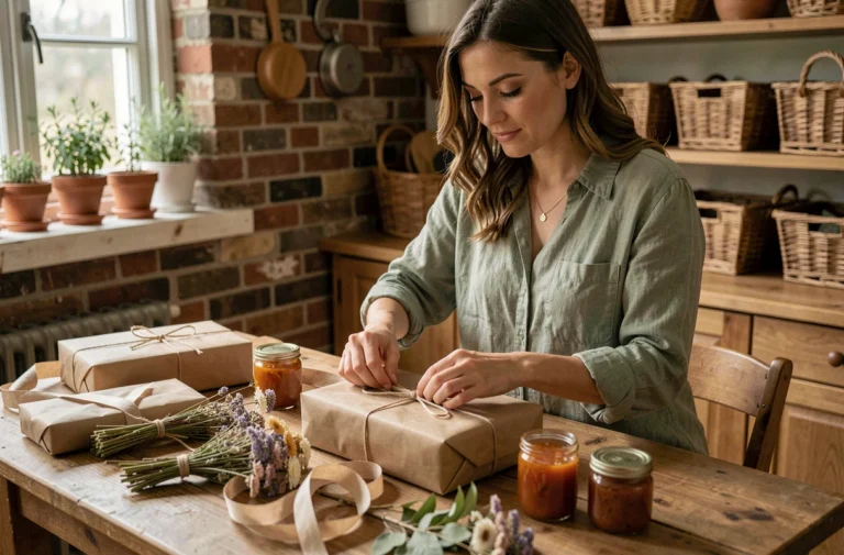 Femme préparant des cadeaux éco-responsables enveloppés dans du papier kraft et décorés de fleurs séchées sur une table en bois rustique