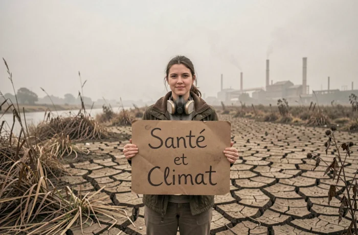 Une militante environnementale devant un lit de rivière asséché et une végétation morte, illustrant l'impact du changement climatique sur les déterminants de santé