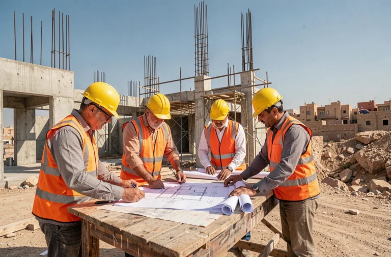 Ouvriers en gilets de sécurité orange consultant des plans d'architecte sur un chantier de construction à Constantine