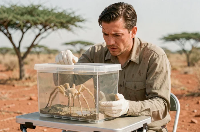 Arachnologue examinant une araignée couteau de Djibouti dans un récipient de terrain en milieu naturel