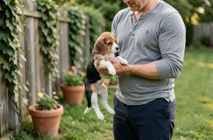 Homme portant un chiot beagle de 2 mois dans le jardin pour lui apprendre à faire ses besoins dehors