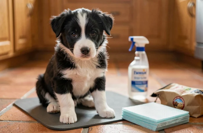 Chiot border collie de 2 mois assis sur un tapis d'apprentissage de la propreté dans une cuisine avec accessoires d'entraînement