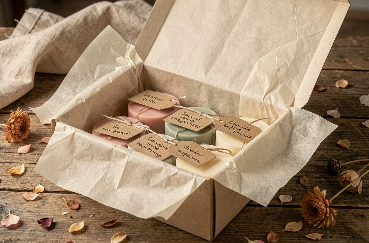 Coffret cadeau ouvert contenant des fondants parfumés faits maison en cire, disposés sur du papier de soie crème