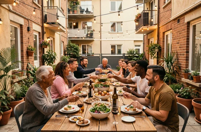 Des voisins de générations et d'origines diverses partageant un repas convivial dans une cour résidentielle, illustrant la cohésion sociale