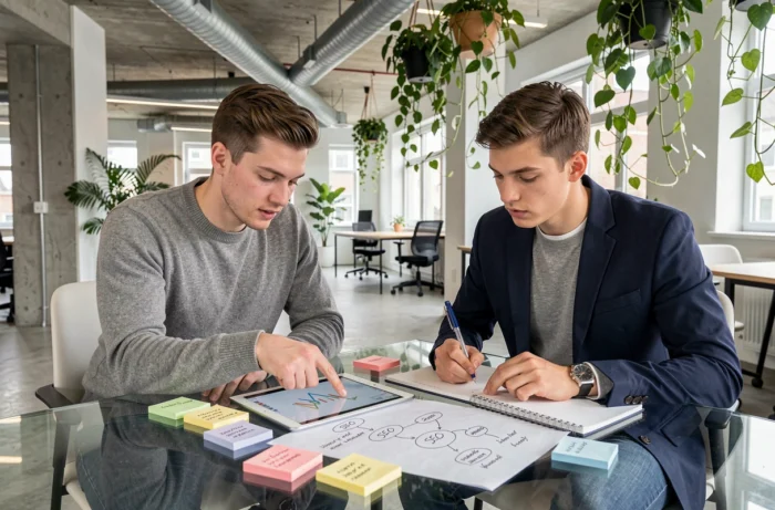 Deux jeunes professionnels collaborant sur une stratégie de présence en ligne avec une tablette et des notes dans un espace de coworking