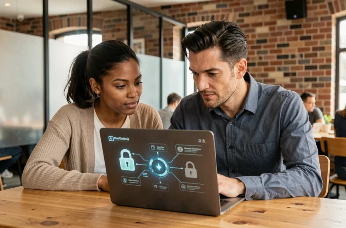 Deux collègues collaborant sur des solutions de cybersécurité dans un espace de coworking moderne