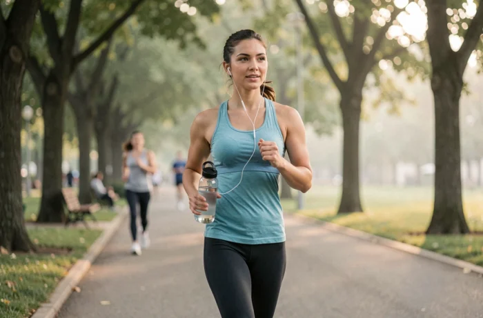 Une femme pratiquant la course à pied dans un parc urbain, illustrant les comportements individuels favorables à la santé