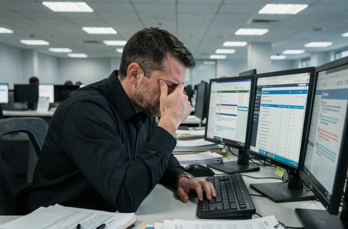 Un homme stressé devant plusieurs écrans dans un bureau en open space, illustrant les risques psychosociaux au travail