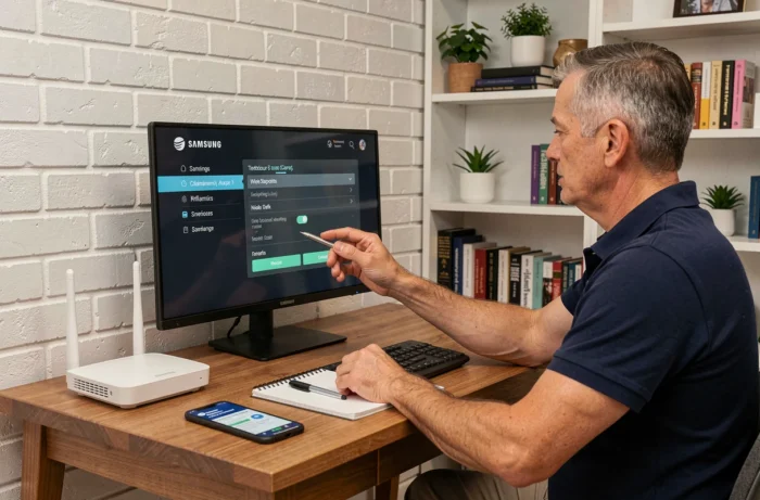 Homme configurant les paramètres wifi d'une TV Samsung depuis un bureau avec un routeur sans fil
