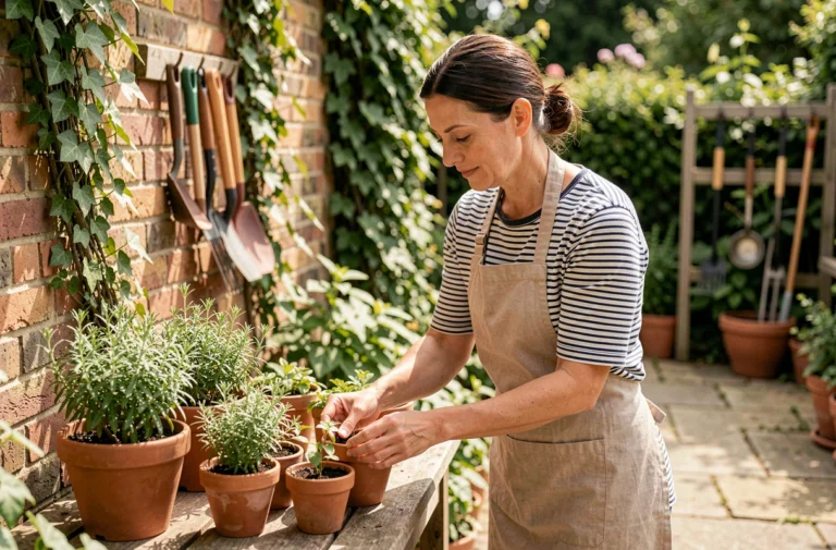 Femme arrangeant des plantes aromatiques en pots sur une terrasse en bois rustique avec un jardin verdoyant en arrière-plan
