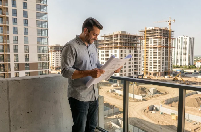 Homme consultant des plans architecturaux sur le balcon d'un appartement neuf avec chantier immobilier en arrière-plan